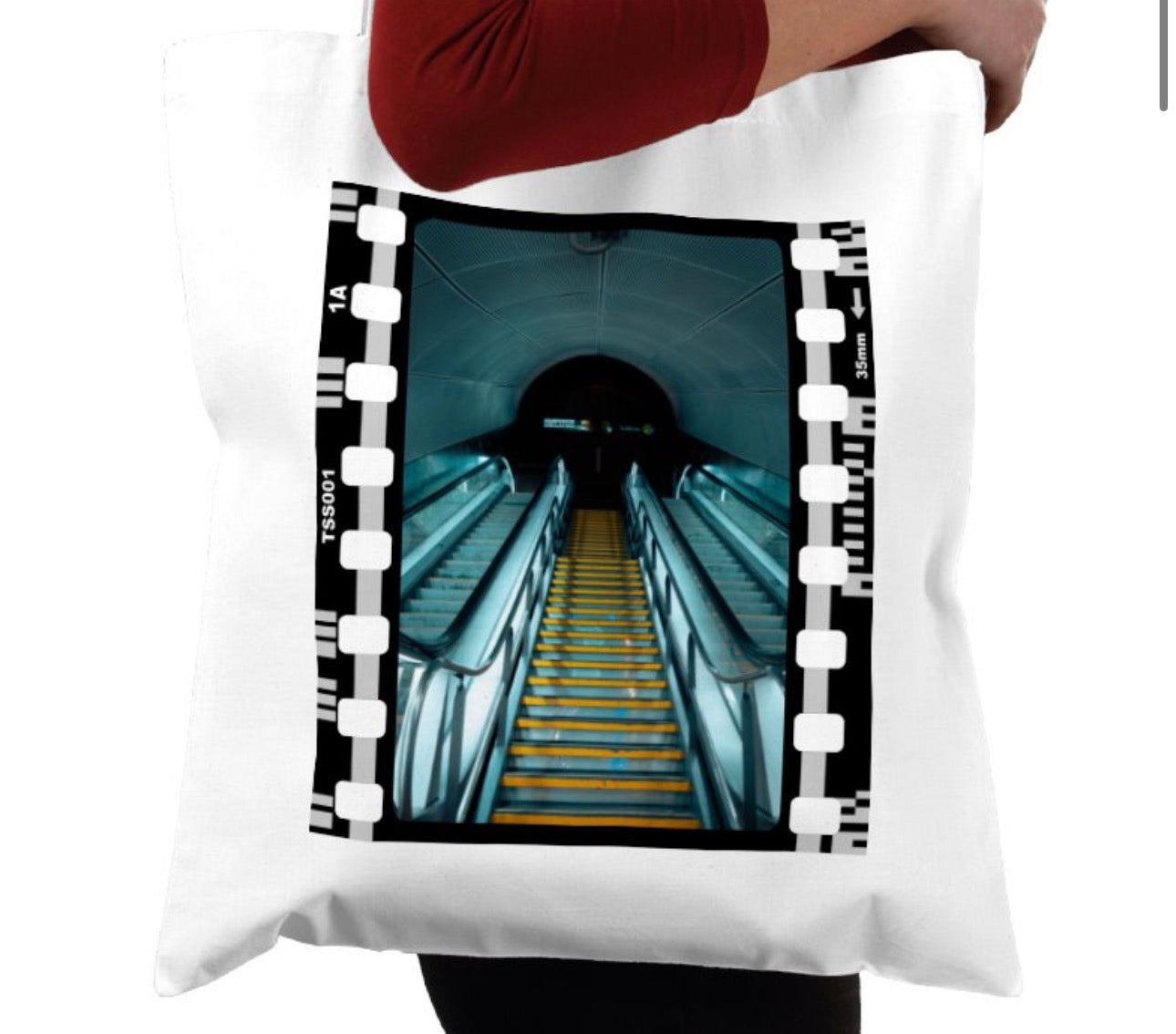 Cinematic Escalator Staircase Copenhagen, Photography Film, Tote Bag