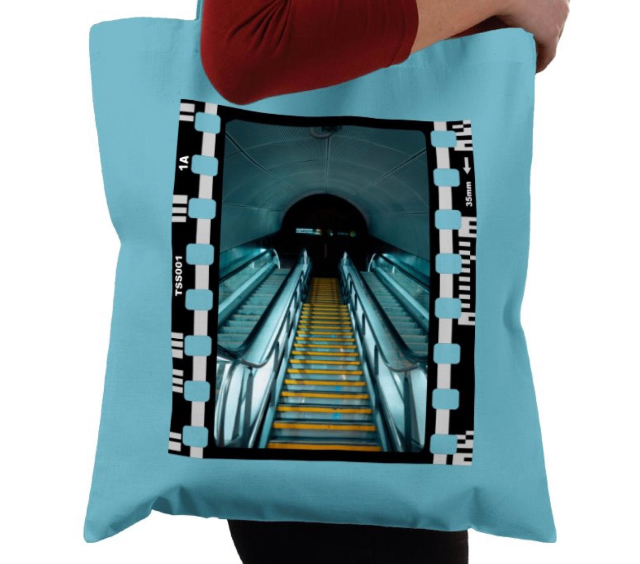 Cinematic Escalator Staircase Copenhagen, Photography Film, Tote Bag