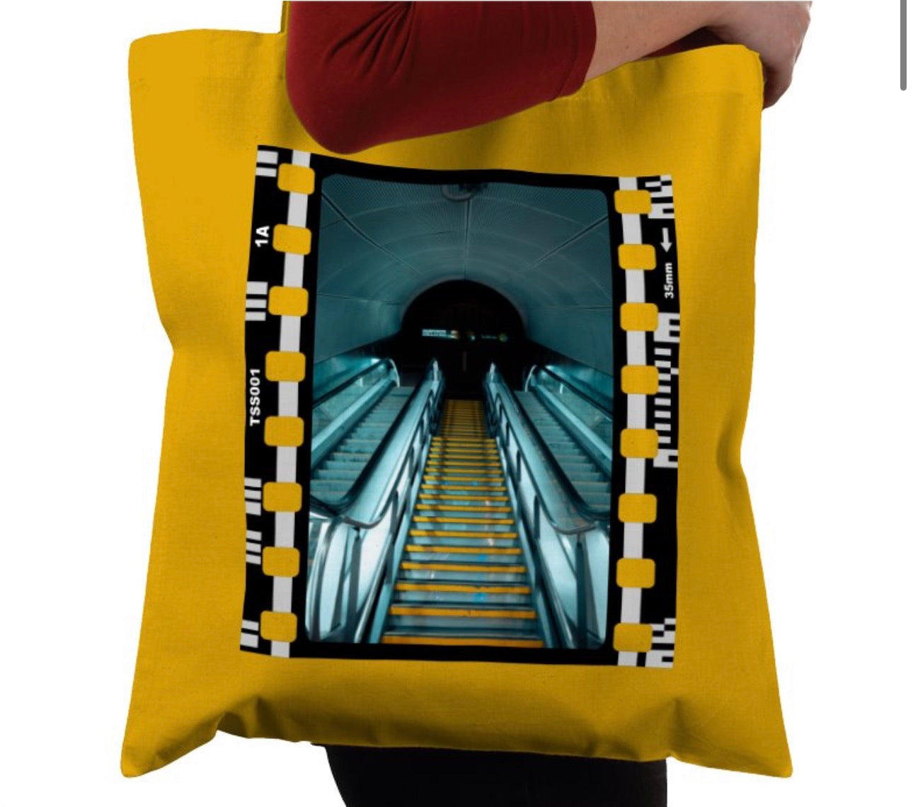 Cinematic Escalator Staircase Copenhagen, Photography Film, Tote Bag