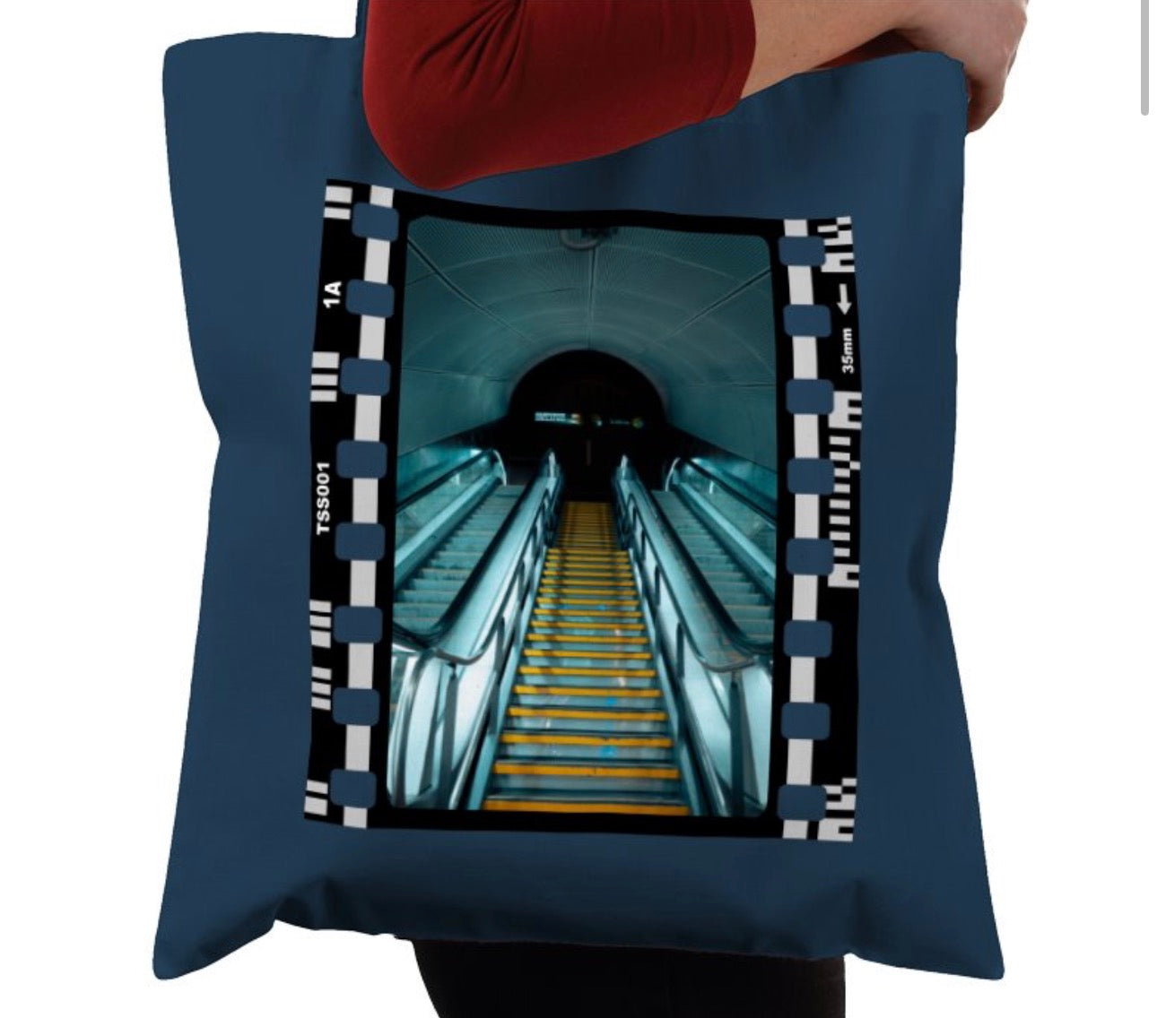 Cinematic Escalator Staircase Copenhagen, Photography Film, Tote Bag