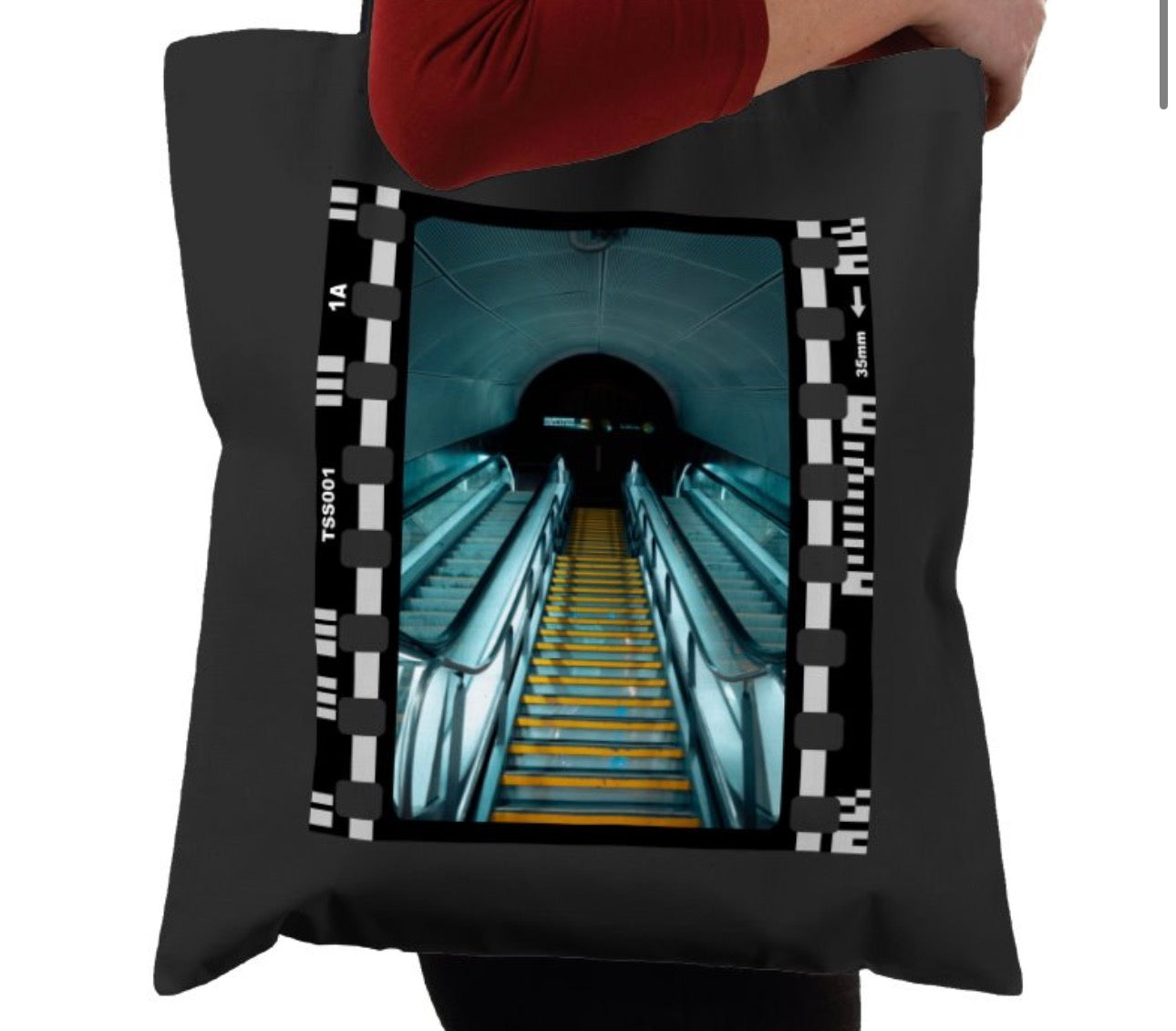 Cinematic Escalator Staircase Copenhagen, Photography Film, Tote Bag