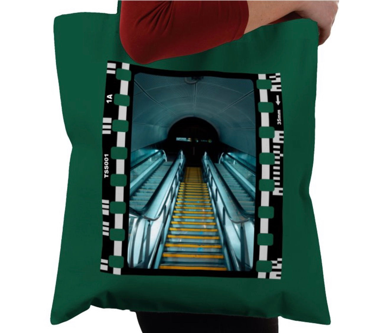 Cinematic Escalator Staircase Copenhagen, Photography Film, Tote Bag