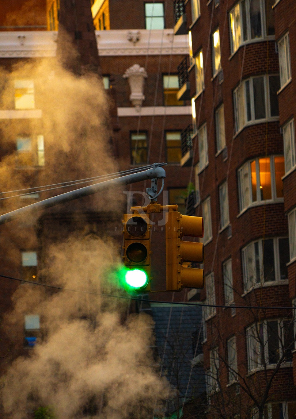 New York City Life Print, Unframed Smoky Street Traffic Light Photography Print