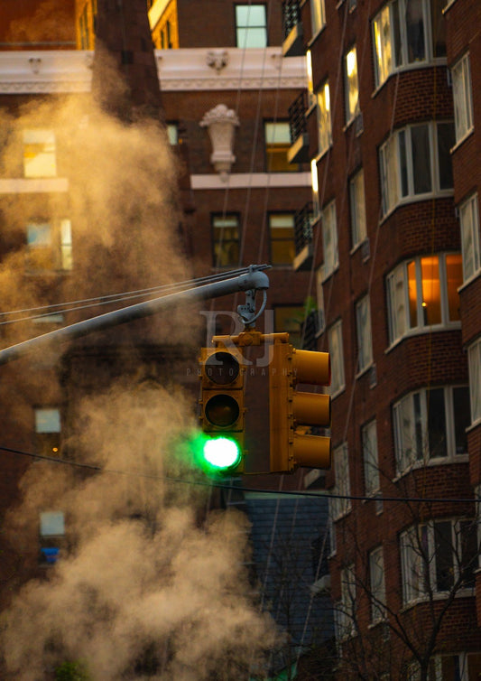 New York City Life Print, Unframed Smoky Street Traffic Light Photography Print