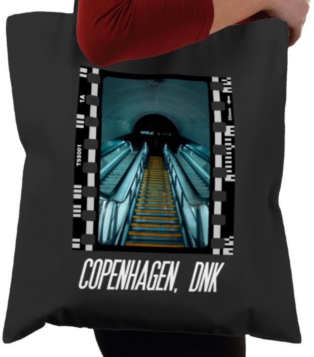 Cinematic Escalator Staircase Copenhagen, Photography Film, Tote Bag