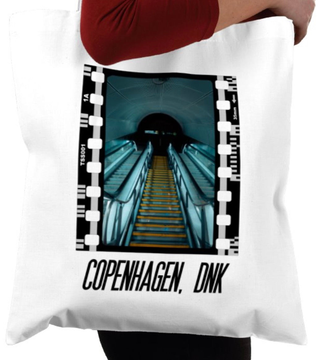 Cinematic Escalator Staircase Copenhagen, Photography Film, Tote Bag