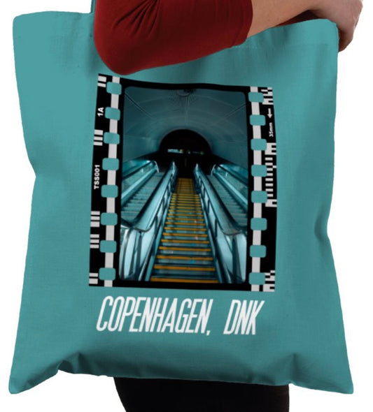 Cinematic Escalator Staircase Copenhagen, Photography Film, Tote Bag