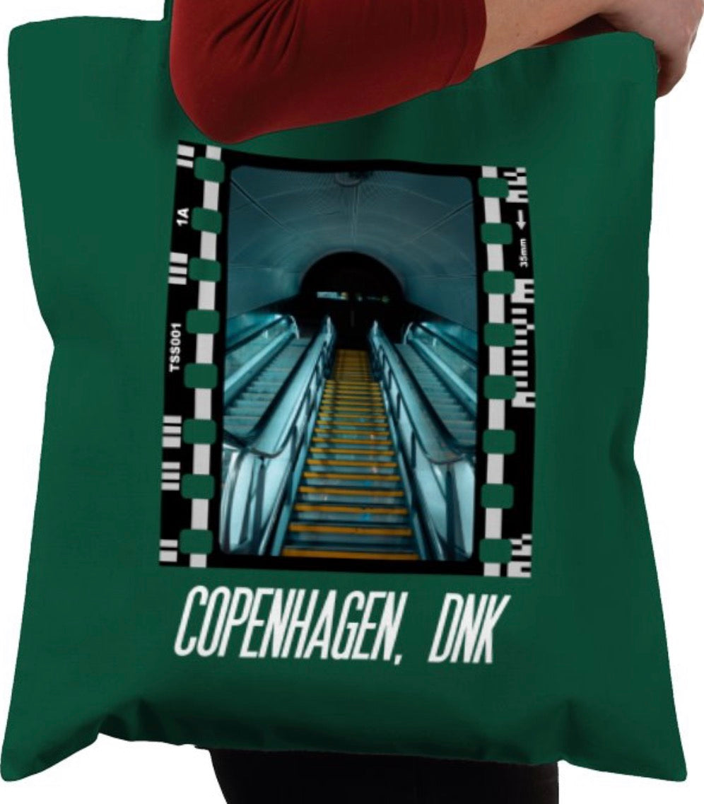 Cinematic Escalator Staircase Copenhagen, Photography Film, Tote Bag