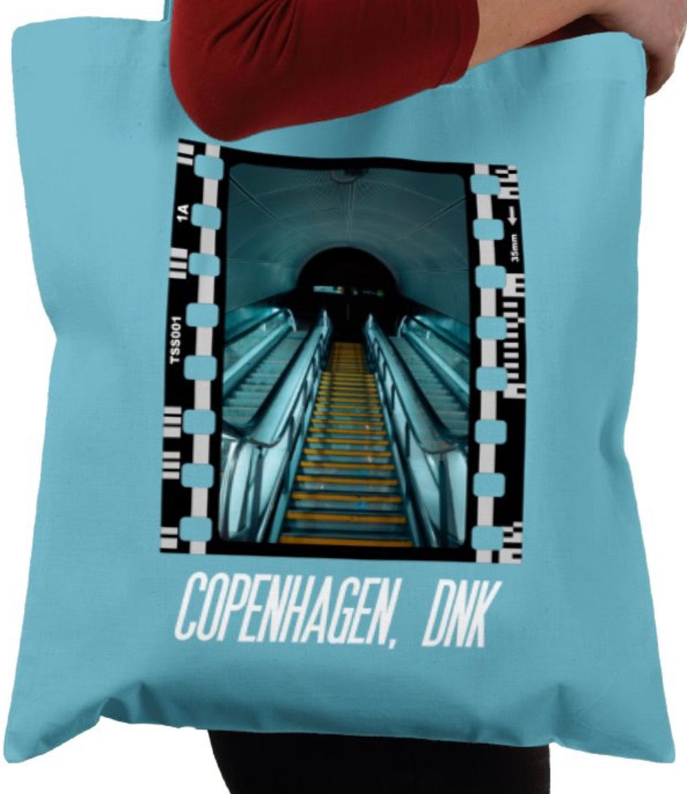Cinematic Escalator Staircase Copenhagen, Photography Film, Tote Bag