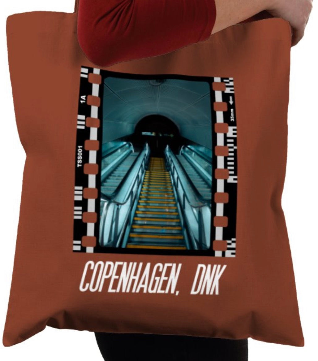 Cinematic Escalator Staircase Copenhagen, Photography Film, Tote Bag