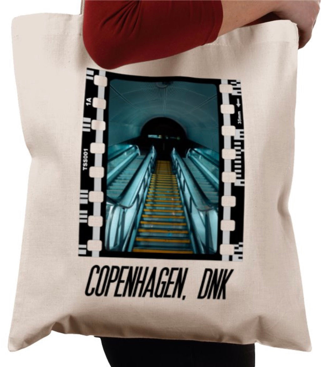 Cinematic Escalator Staircase Copenhagen, Photography Film, Tote Bag