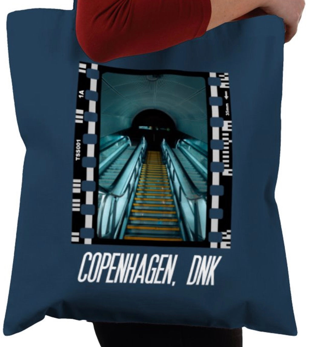 Cinematic Escalator Staircase Copenhagen, Photography Film, Tote Bag