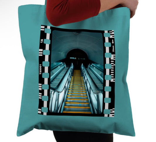 Cinematic Escalator Staircase Copenhagen, Photography Film, Tote Bag