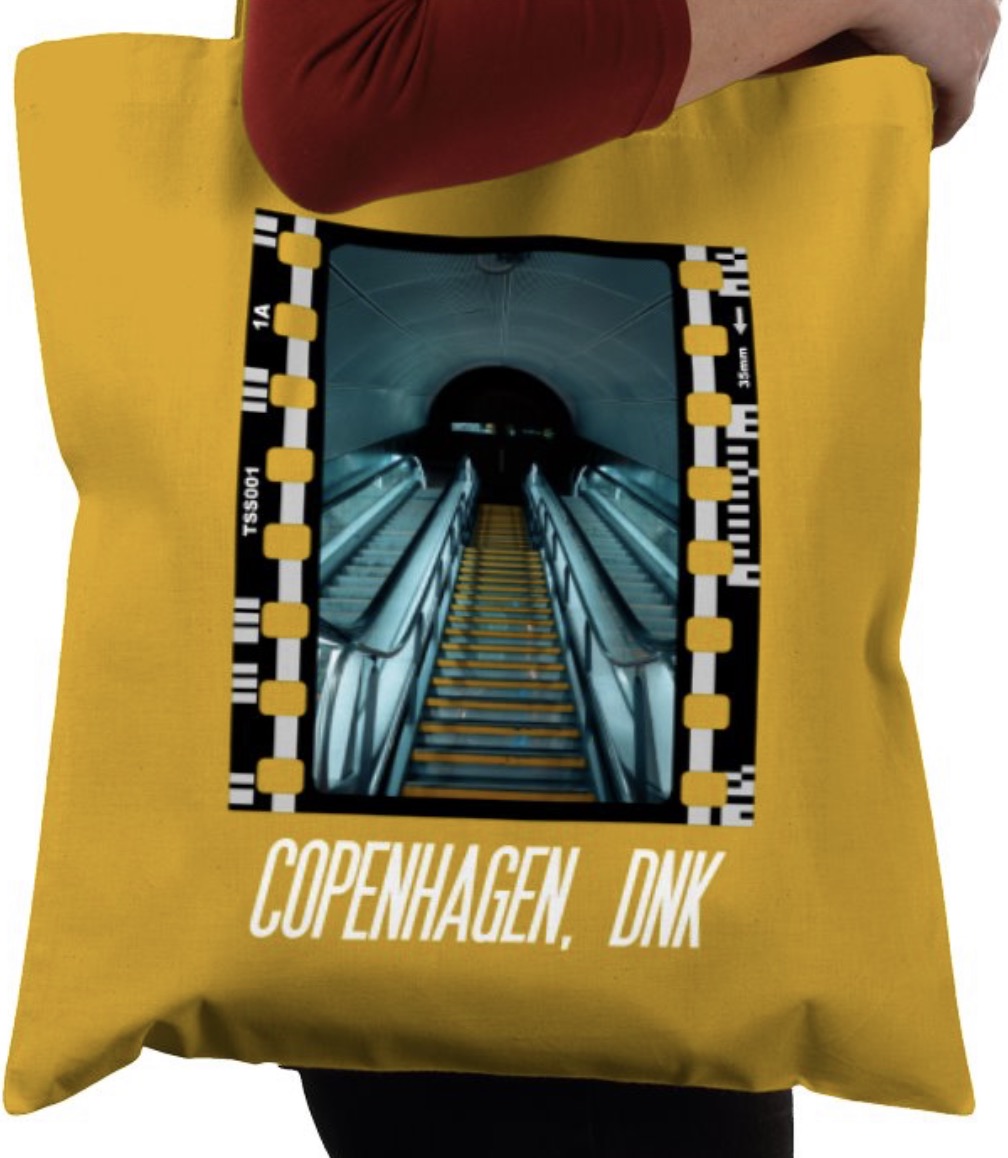 Cinematic Escalator Staircase Copenhagen, Photography Film, Tote Bag