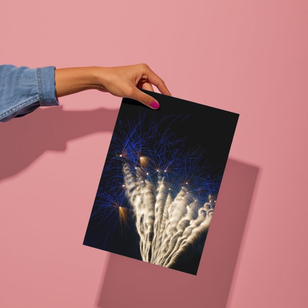 Fireworks Display Photography Print. Gold and Blue, Unframed Photography Print