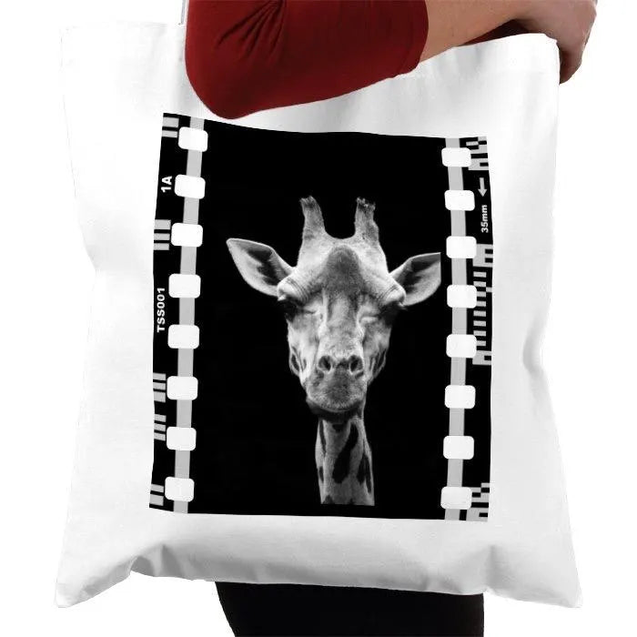 Giraffe, Zoo Animal, Black and White, Photography Film, Tote Bag